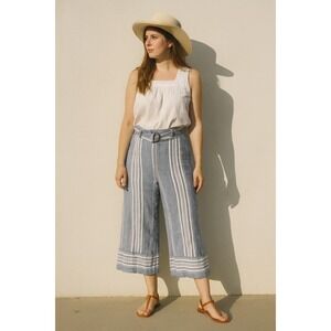 Lauren Ralph Lauren Blue Linen Pants Womens 4 Wide Leg‎ Cropped Blue Stripe